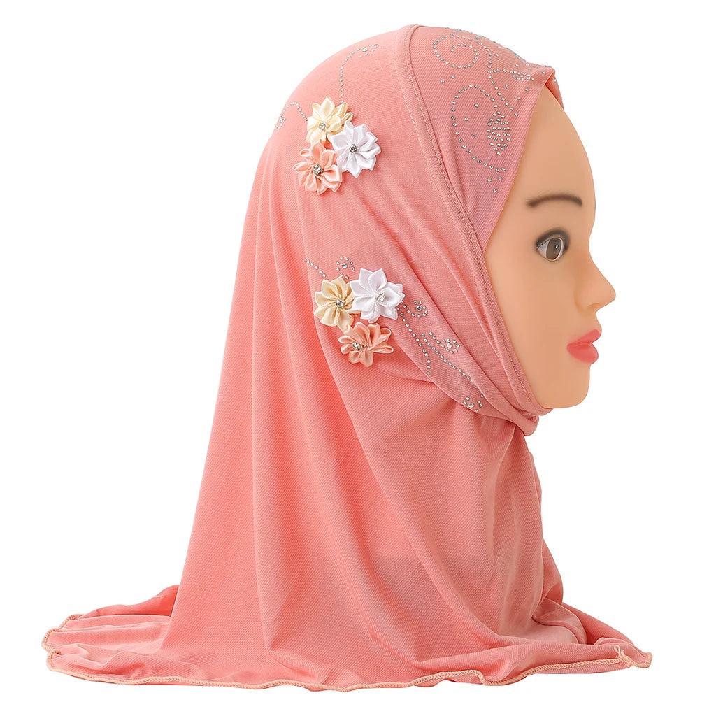 small girl Al amira hijab with handmade flowers fit 2-6 years.