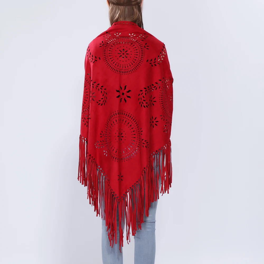 Women's Loose Suede Fringe Open Poncho Cloak Shawl .
