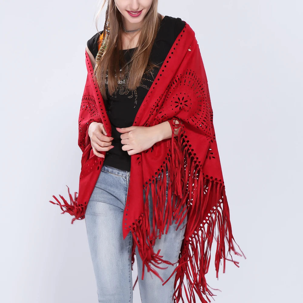 Women's Loose Suede Fringe Open Poncho Cloak Shawl .
