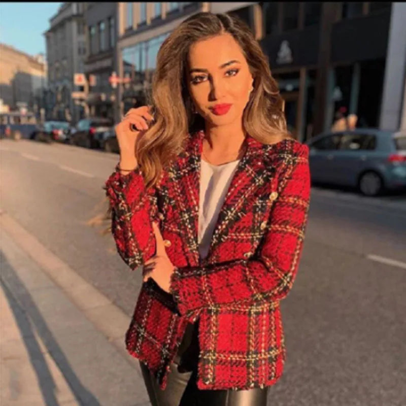 Tweed women red plaid blazers winter fashion women.