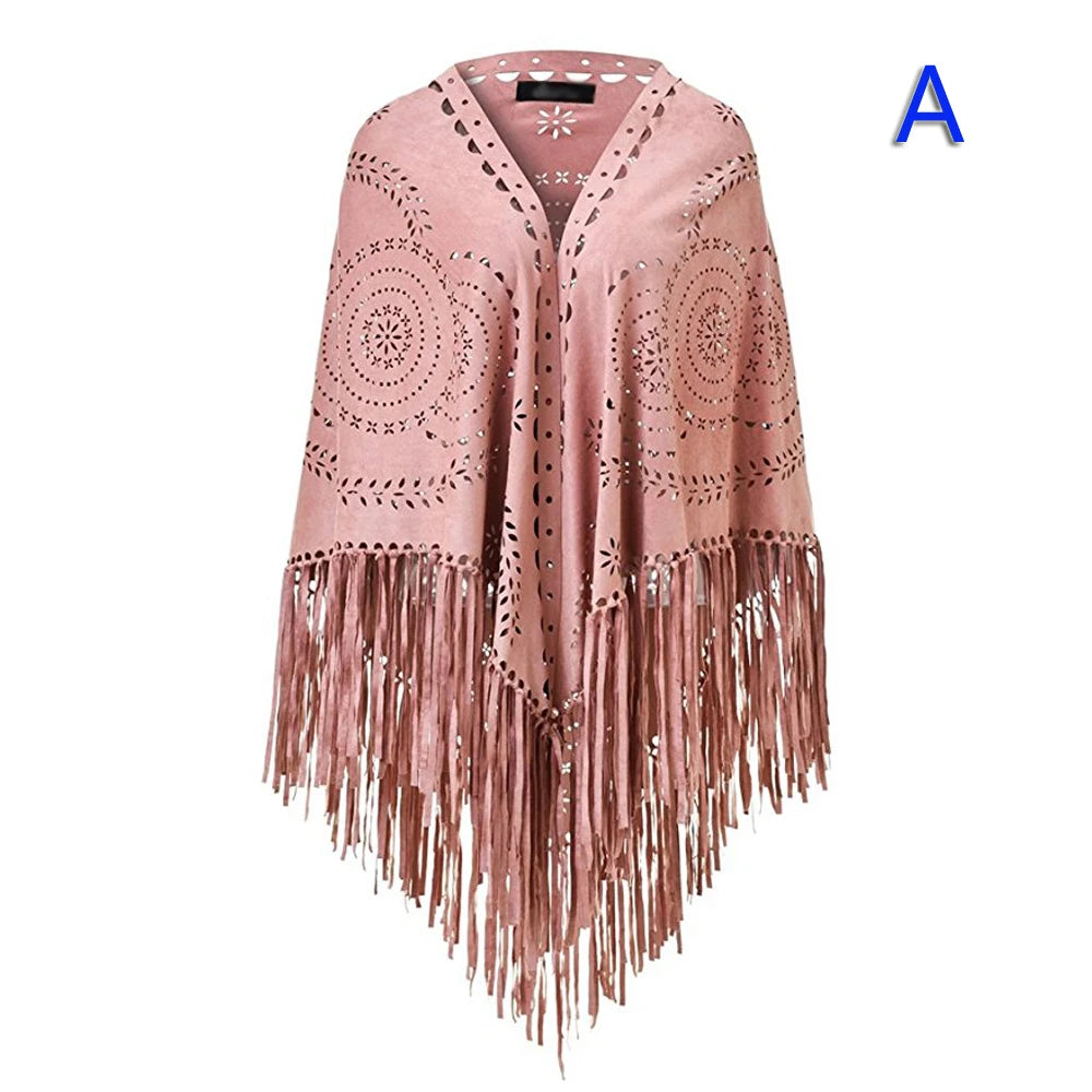 Women's Loose Suede Fringe Open Poncho Cloak Shawl .