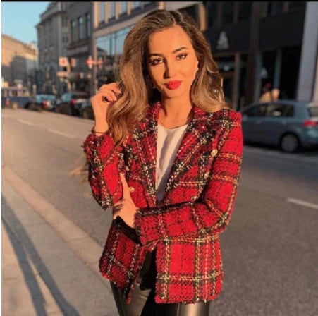 Tweed women red plaid blazers winter fashion women.