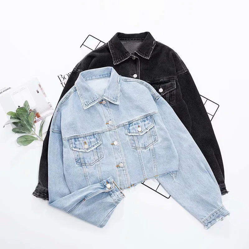 Autumn Drop Shoulder Loose Short Denim Jacket .