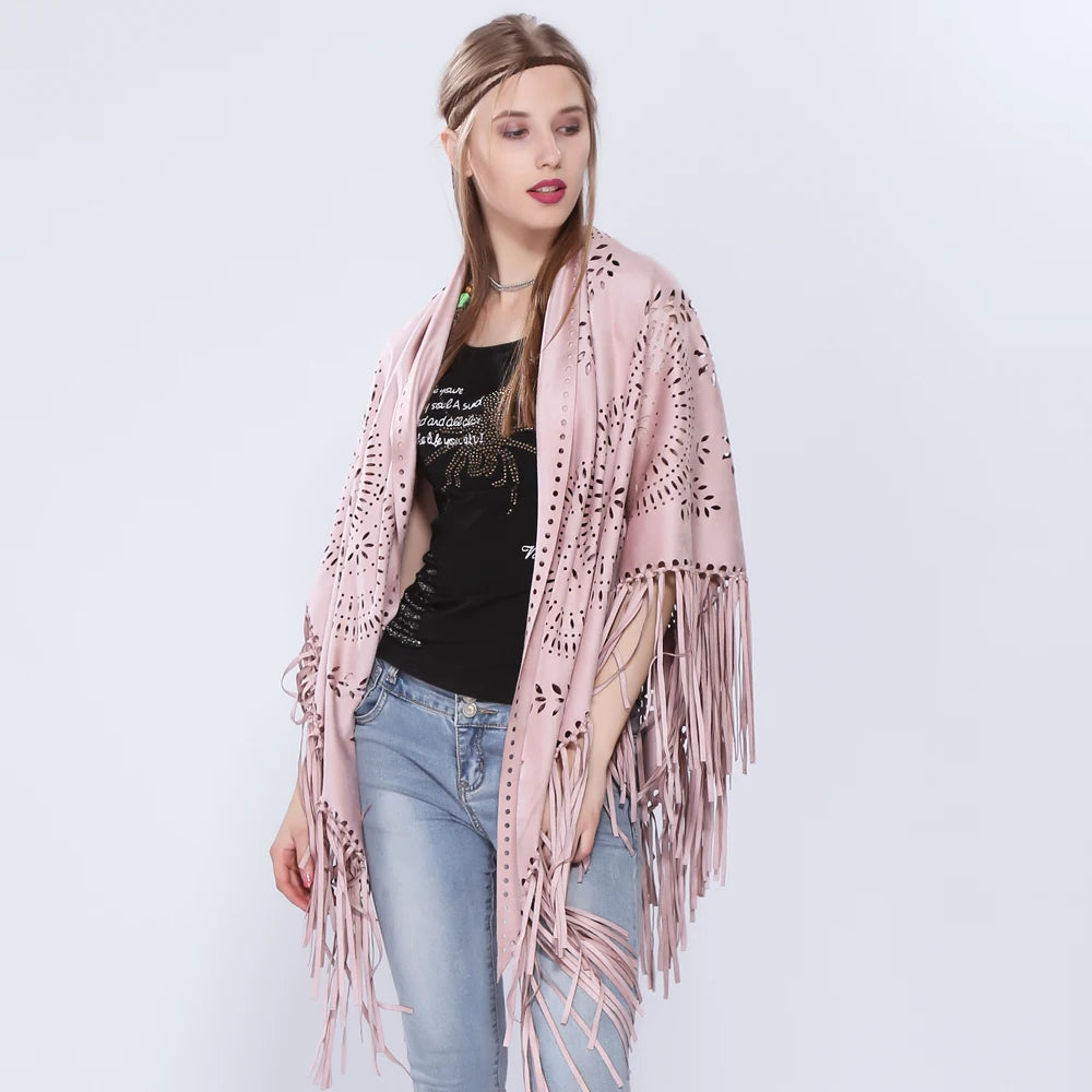 Women's Loose Suede Fringe Open Poncho Cloak Shawl .