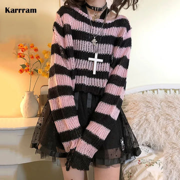 Karrram Pink Striped Gothic Sweaters Women Ripped Holes .
