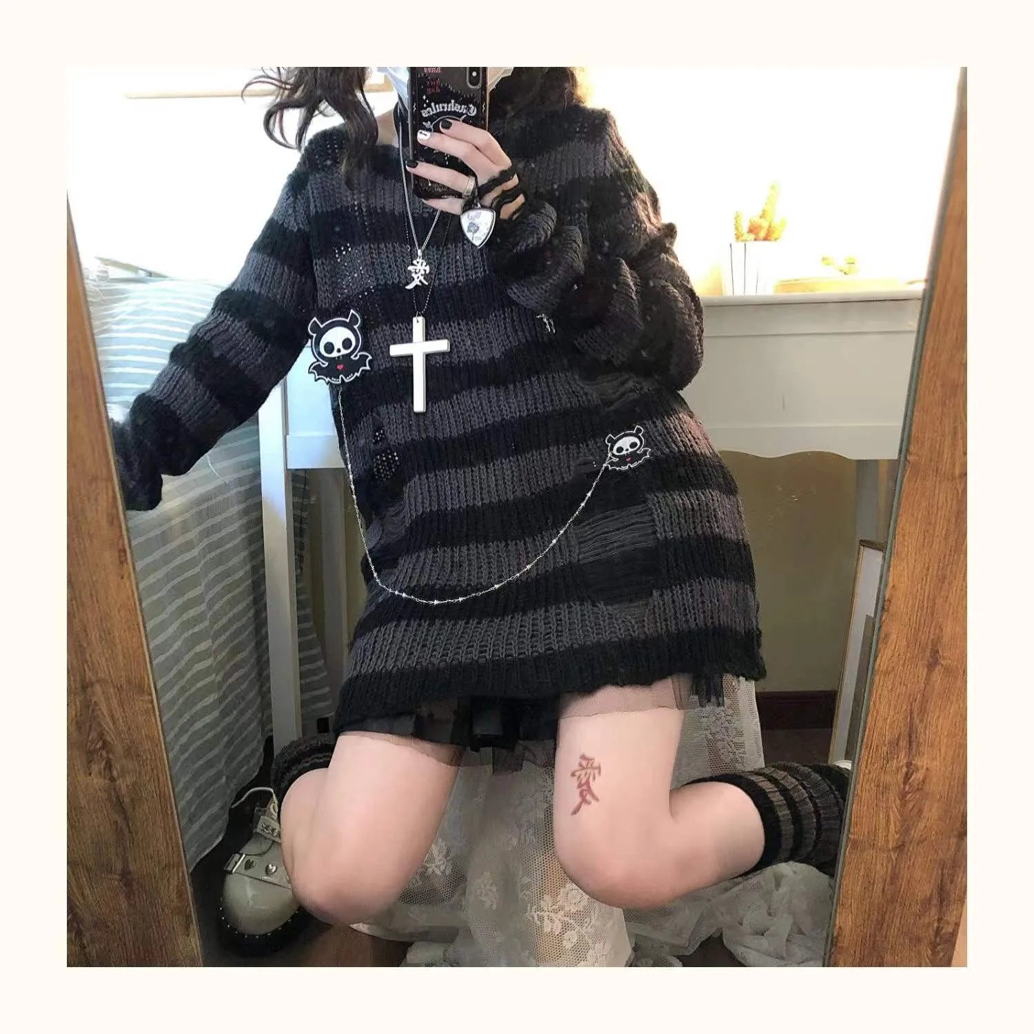 Karrram Pink Striped Gothic Sweaters Women Ripped Holes .