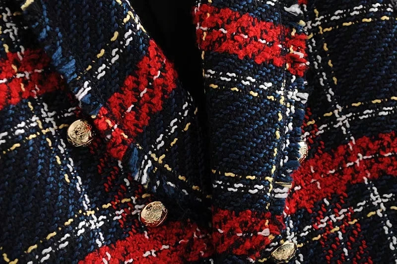Tweed women red plaid blazers winter fashion women.
