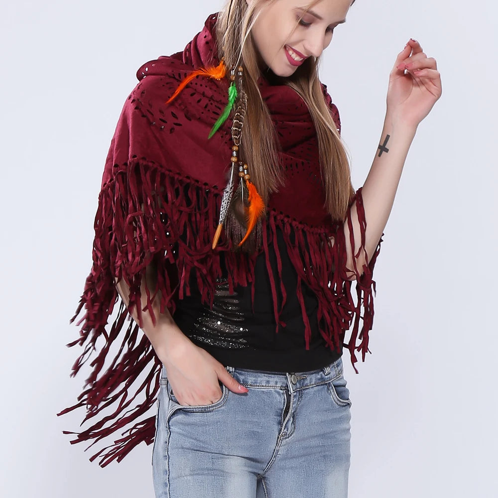 Women's Loose Suede Fringe Open Poncho Cloak Shawl .