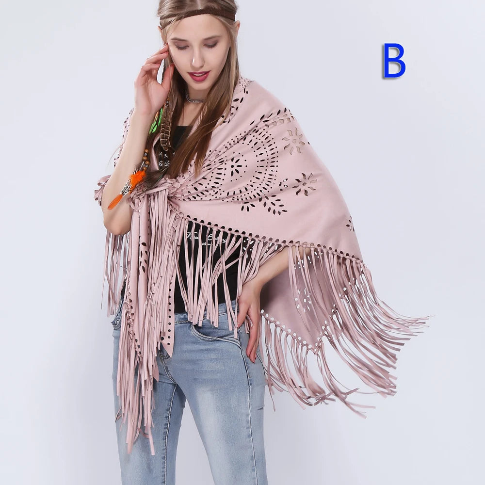 Women's Loose Suede Fringe Open Poncho Cloak Shawl .