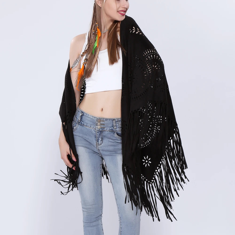 Women's Loose Suede Fringe Open Poncho Cloak Shawl .