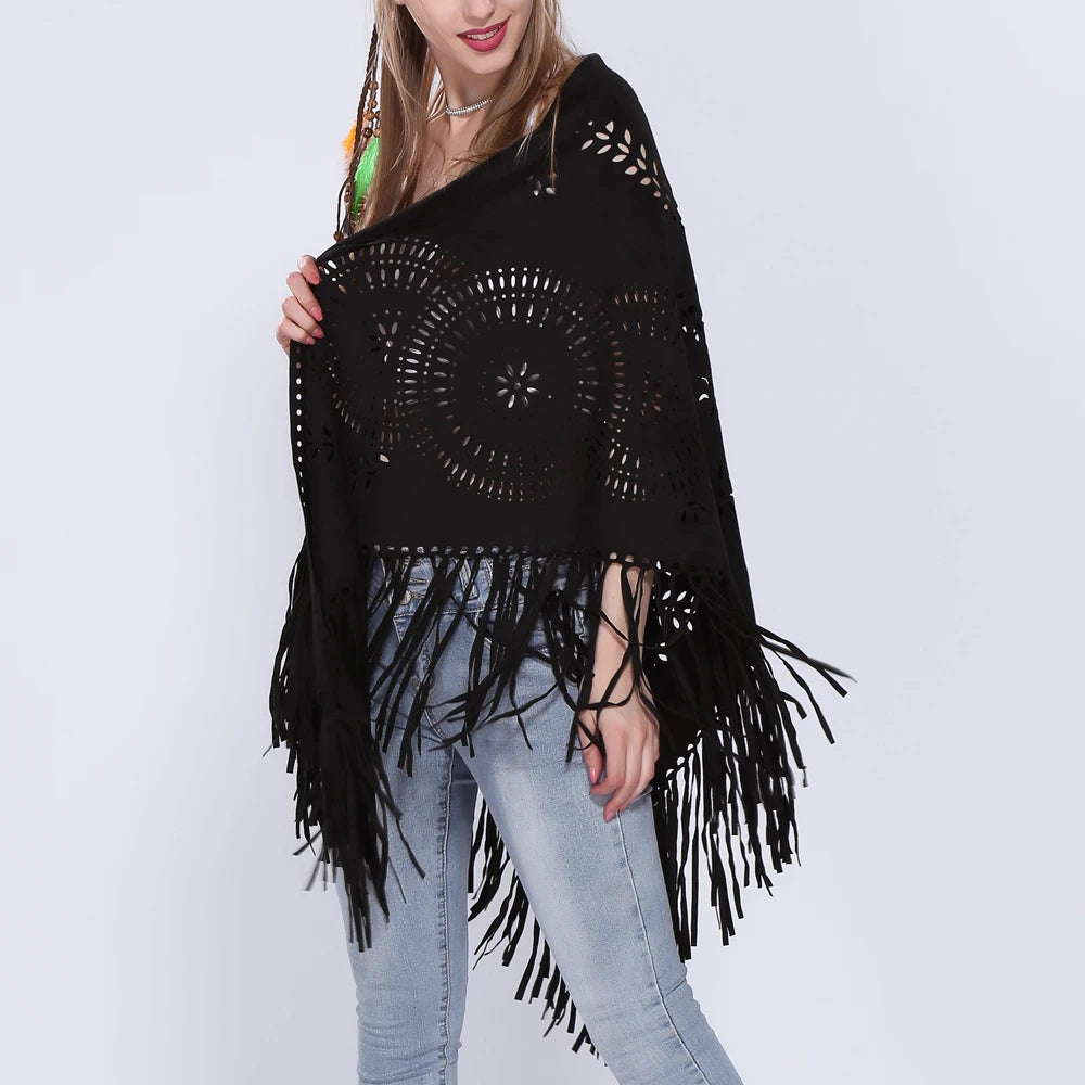 Women's Loose Suede Fringe Open Poncho Cloak Shawl .