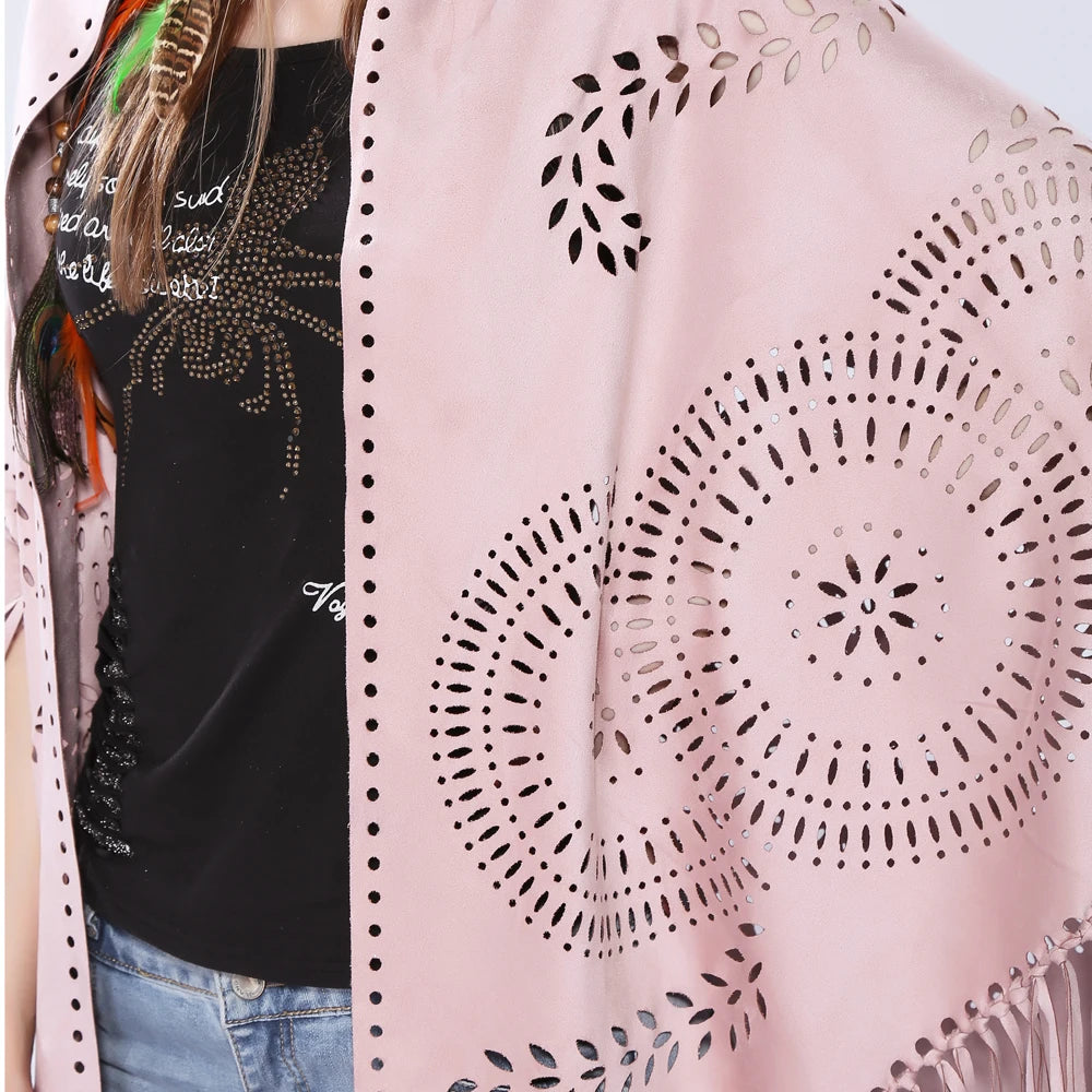 Women's Loose Suede Fringe Open Poncho Cloak Shawl .