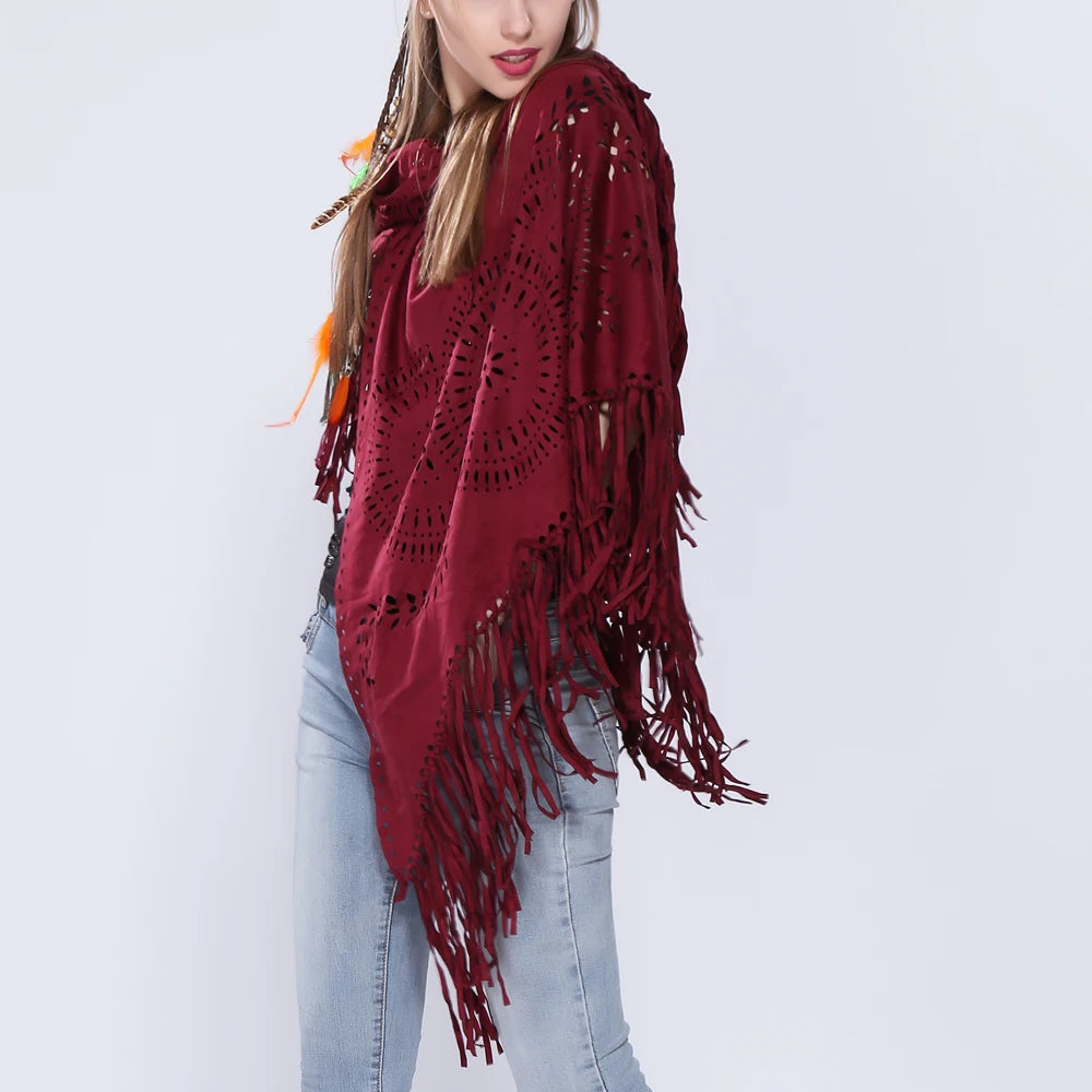 Women's Loose Suede Fringe Open Poncho Cloak Shawl .