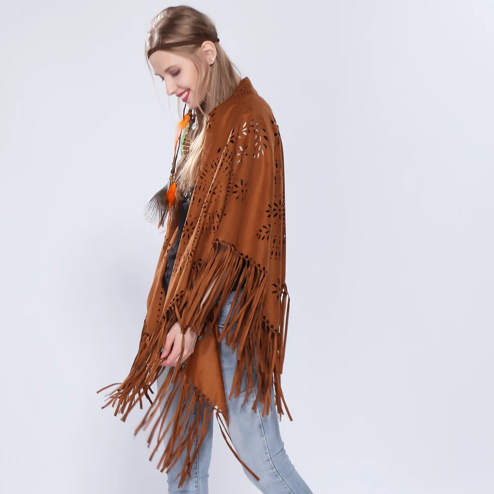 Women's Loose Suede Fringe Open Poncho Cloak Shawl .