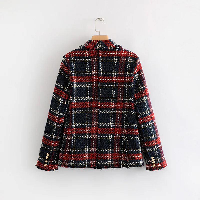 Tweed women red plaid blazers winter fashion women.
