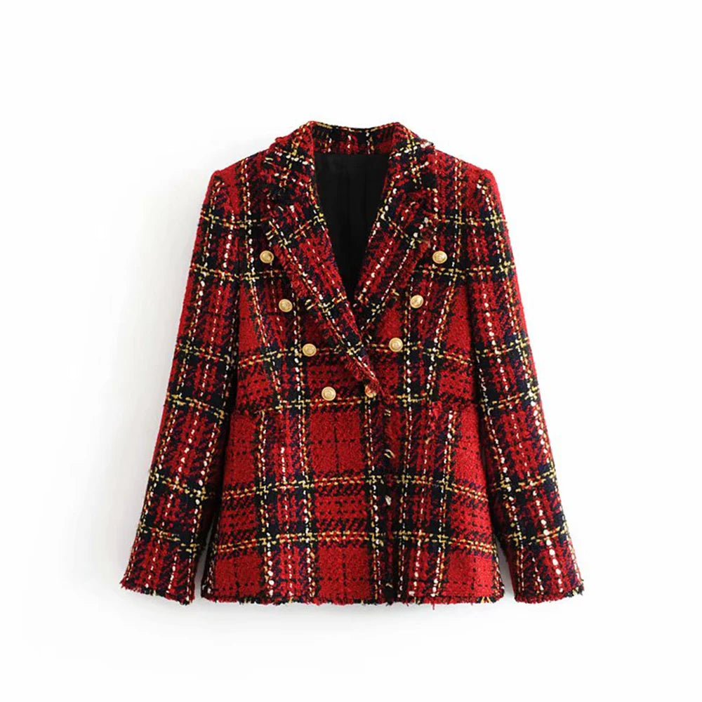 Tweed women red plaid blazers winter fashion women.