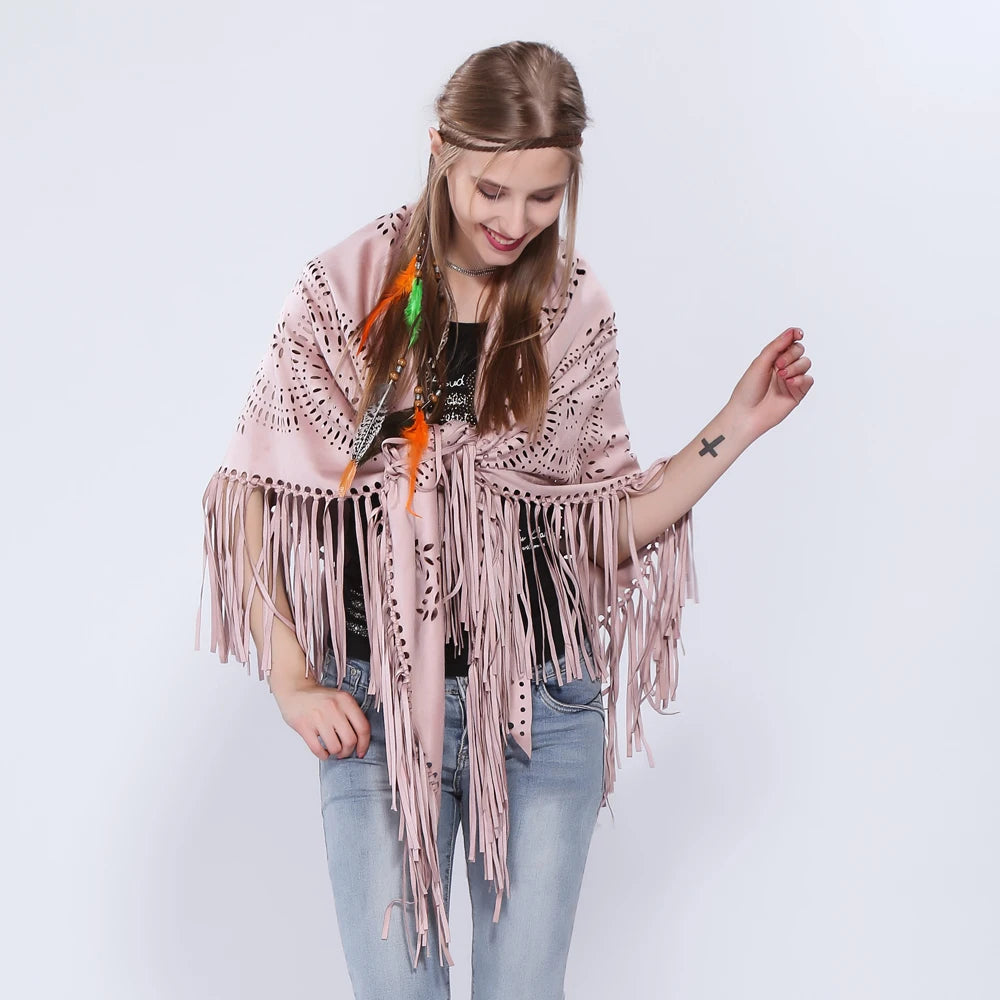 Women's Loose Suede Fringe Open Poncho Cloak Shawl .