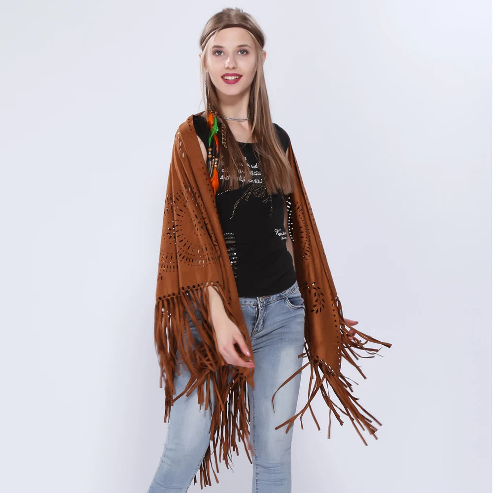 Women's Loose Suede Fringe Open Poncho Cloak Shawl .