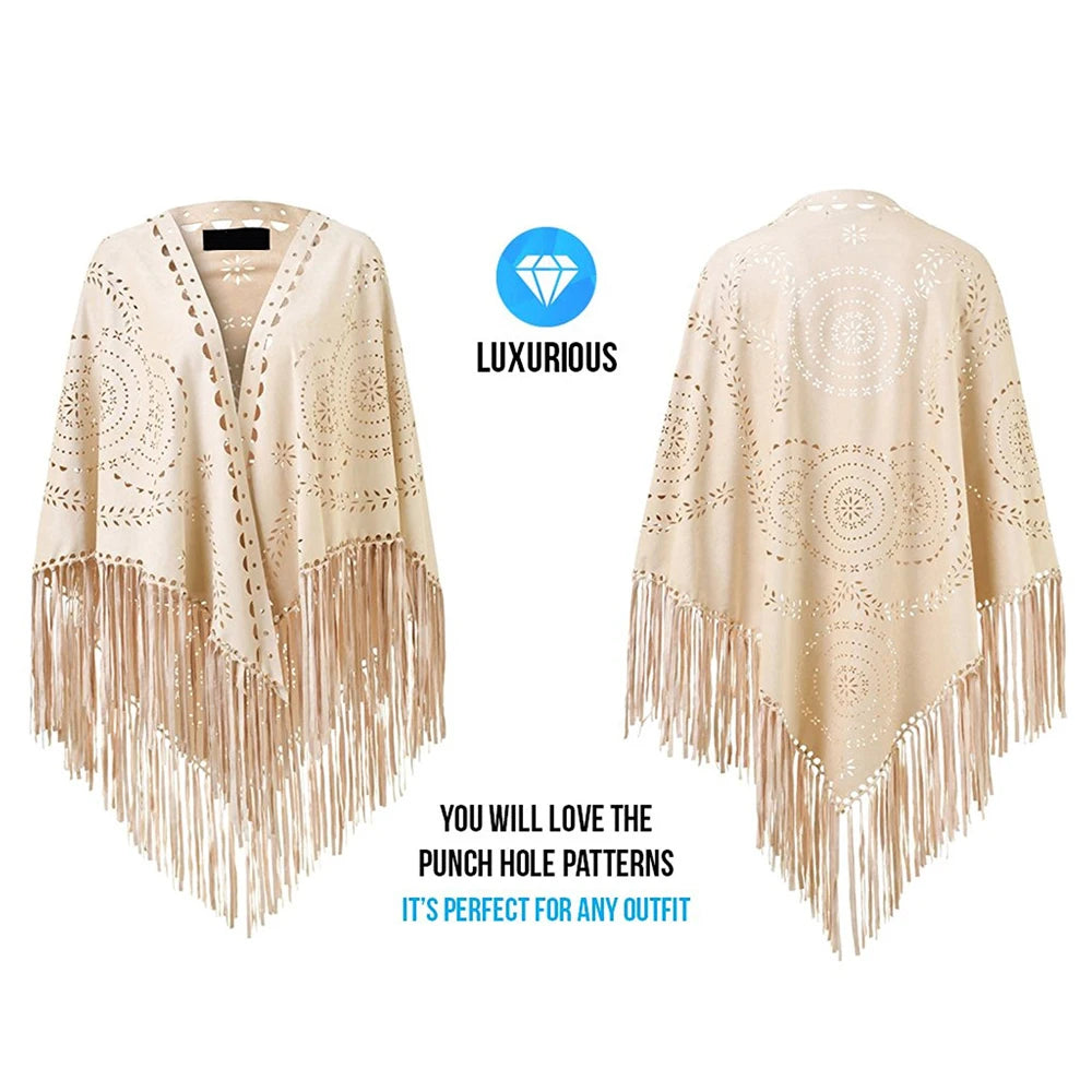Women's Loose Suede Fringe Open Poncho Cloak Shawl .