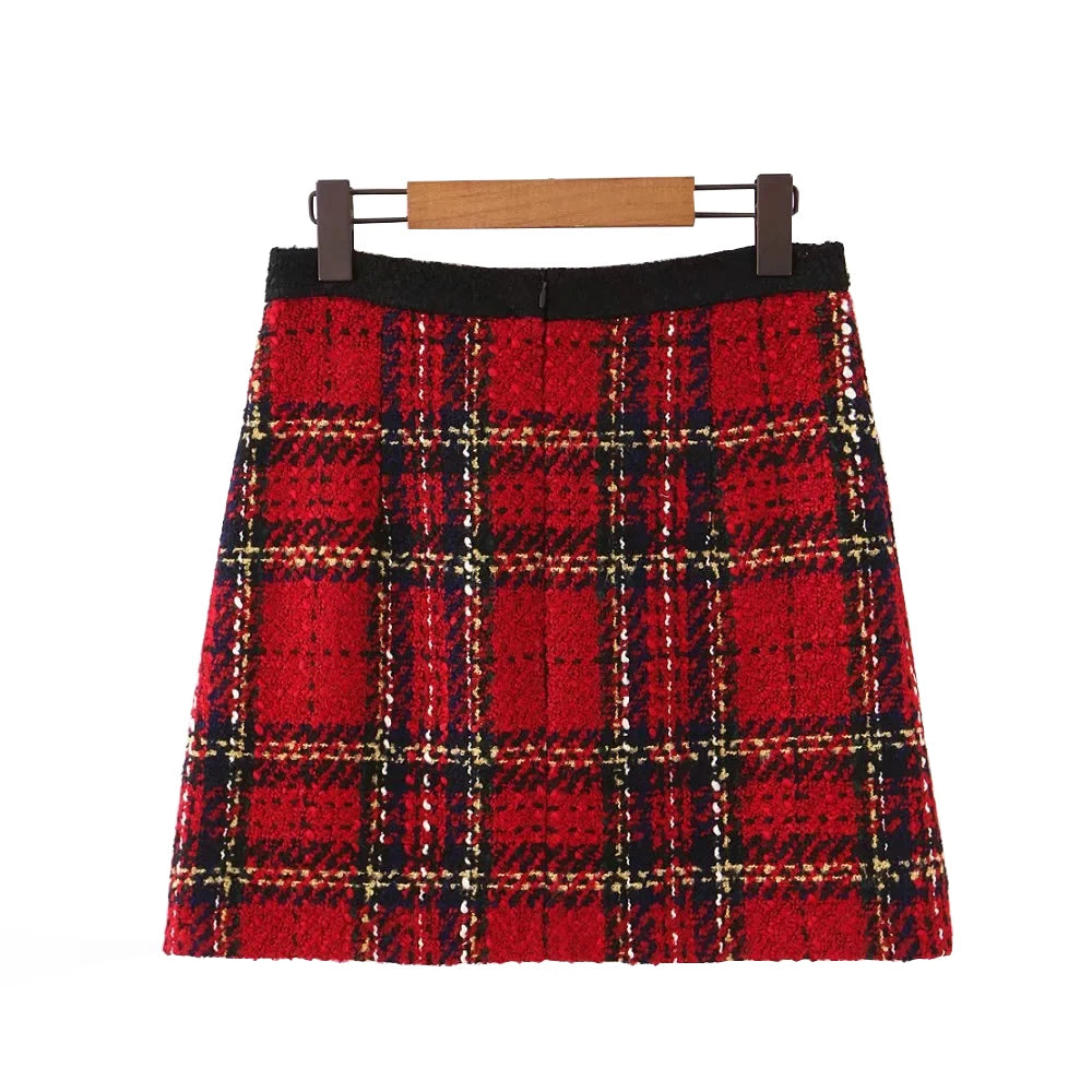 Tweed women red plaid blazers winter fashion women.