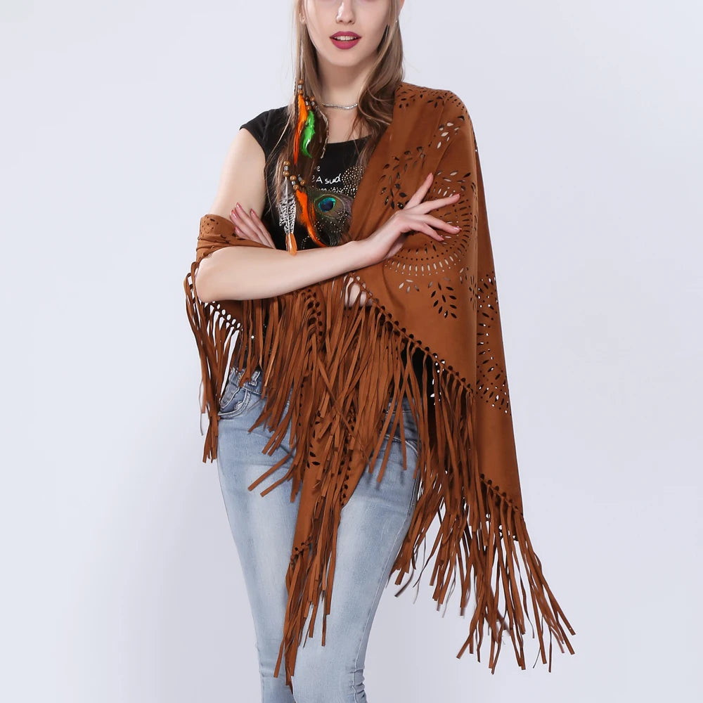 Women's Loose Suede Fringe Open Poncho Cloak Shawl .