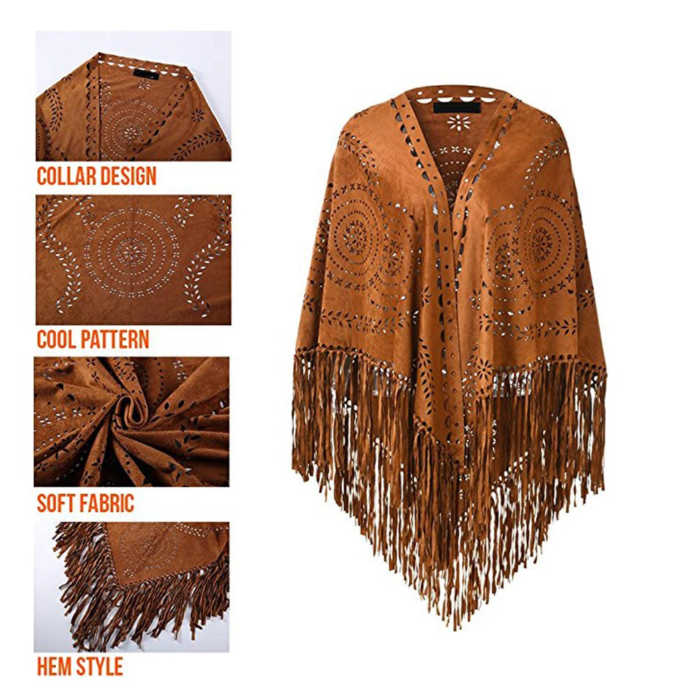 Women's Loose Suede Fringe Open Poncho Cloak Shawl .