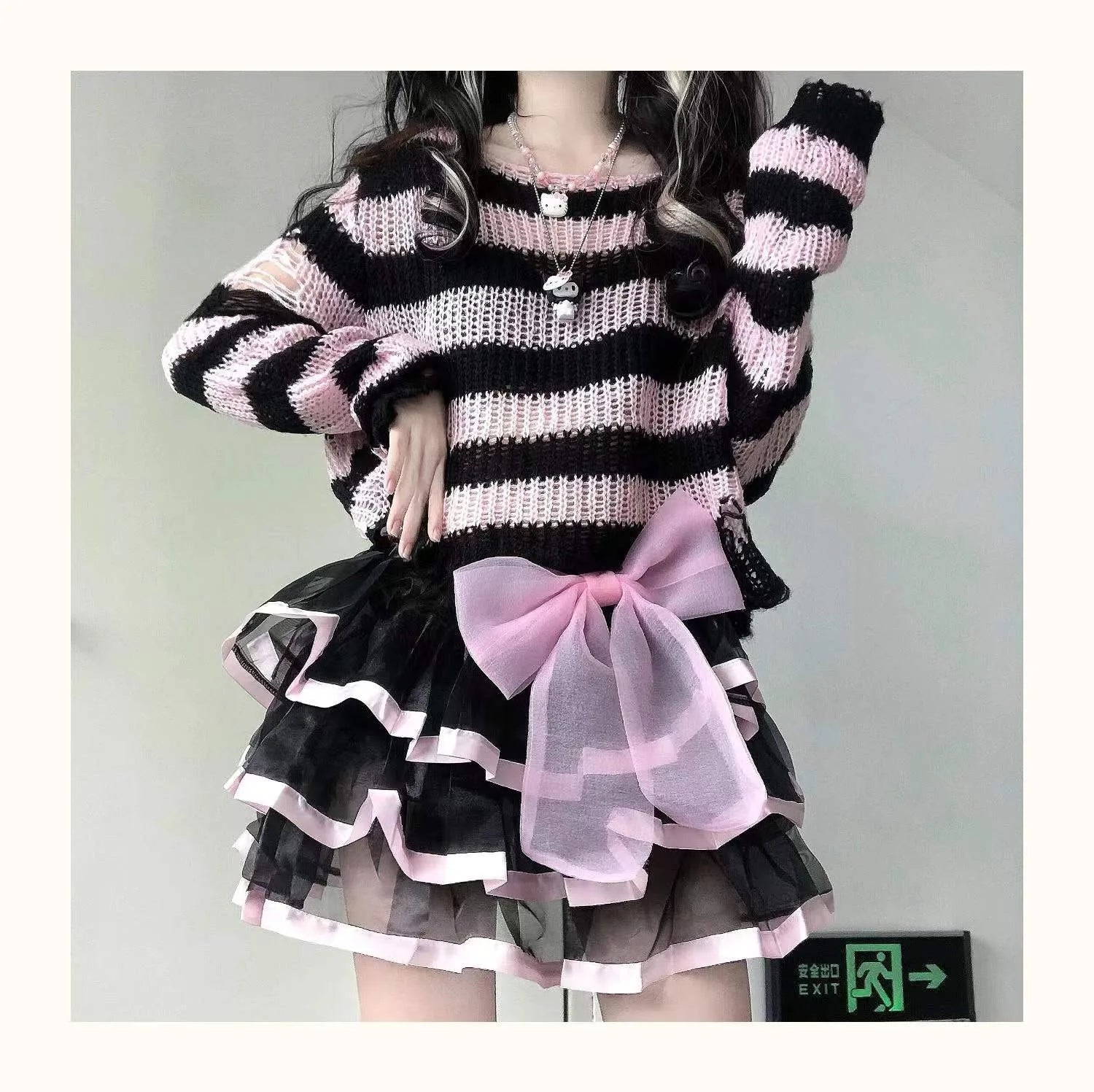 Karrram Pink Striped Gothic Sweaters Women Ripped Holes .