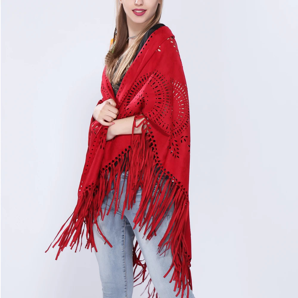 Women's Loose Suede Fringe Open Poncho Cloak Shawl .