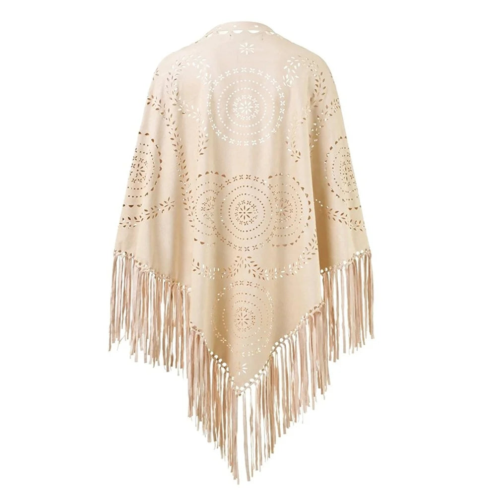 Women's Loose Suede Fringe Open Poncho Cloak Shawl .