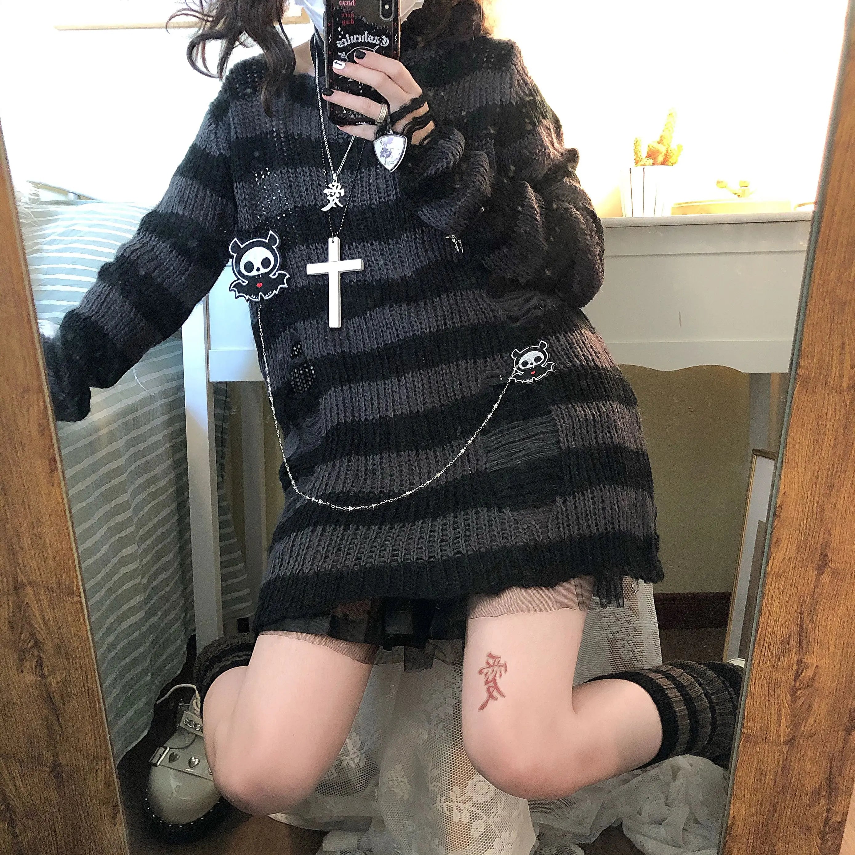 Karrram Pink Striped Gothic Sweaters Women Ripped Holes .