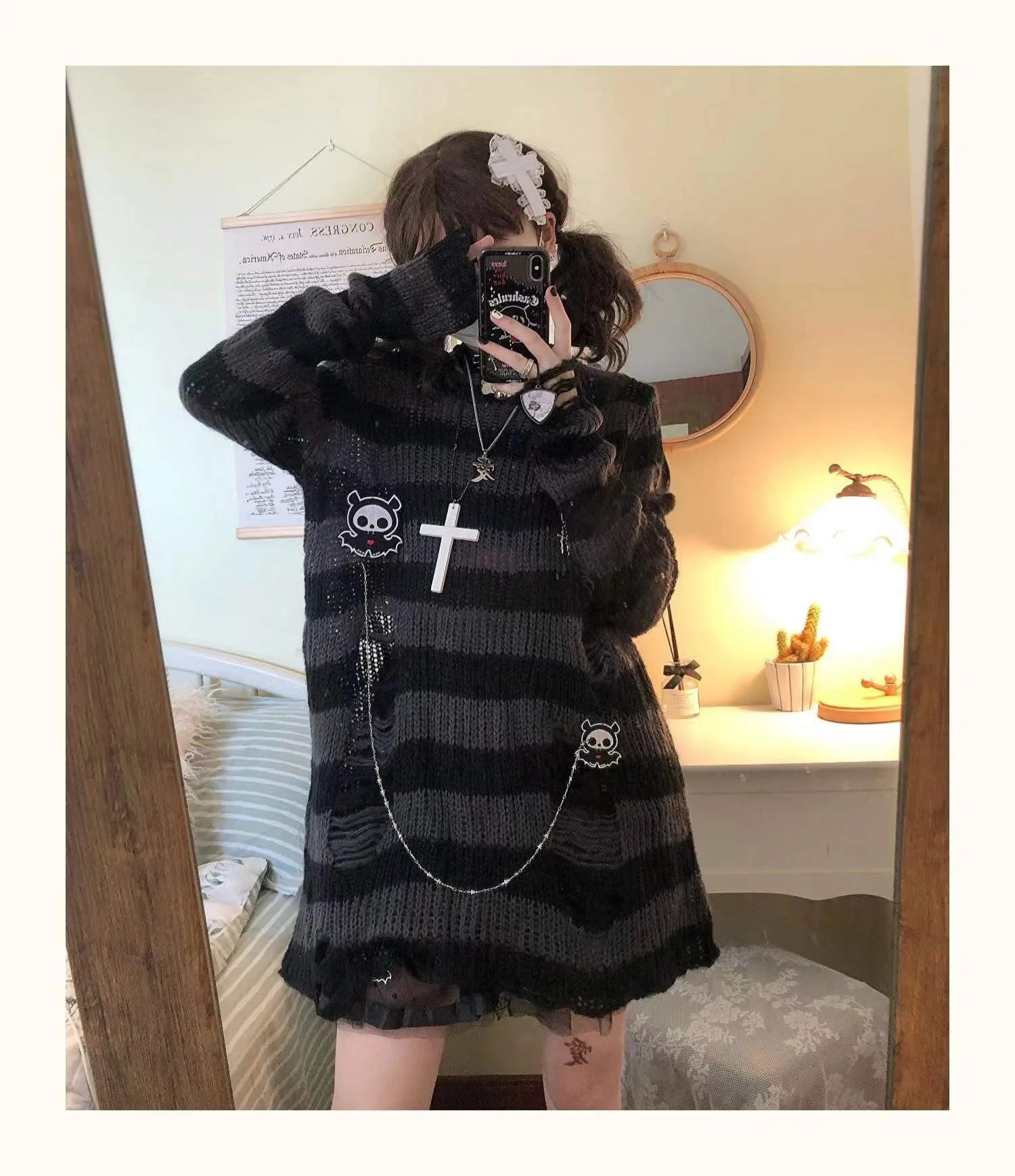 Karrram Pink Striped Gothic Sweaters Women Ripped Holes .