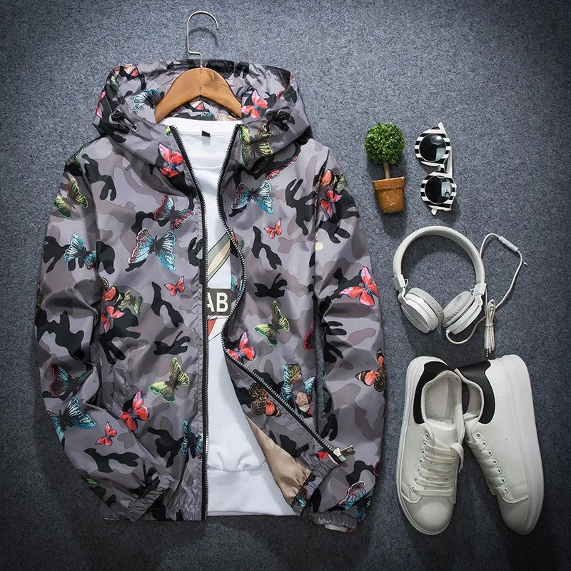 Mens Casual Camouflage Hooded Jacket Autumn Butterfly .