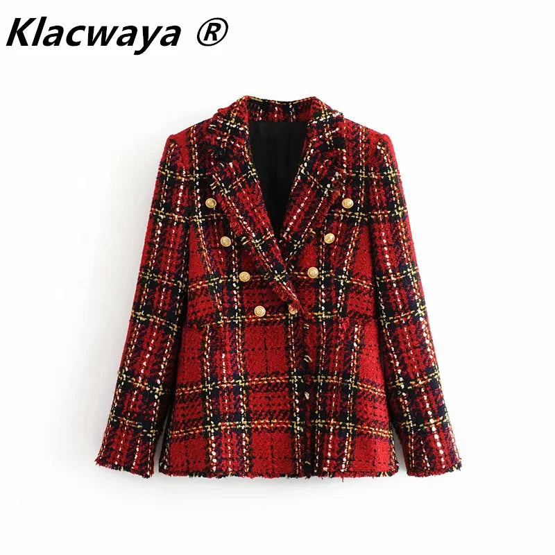 Tweed women red plaid blazers winter fashion women.
