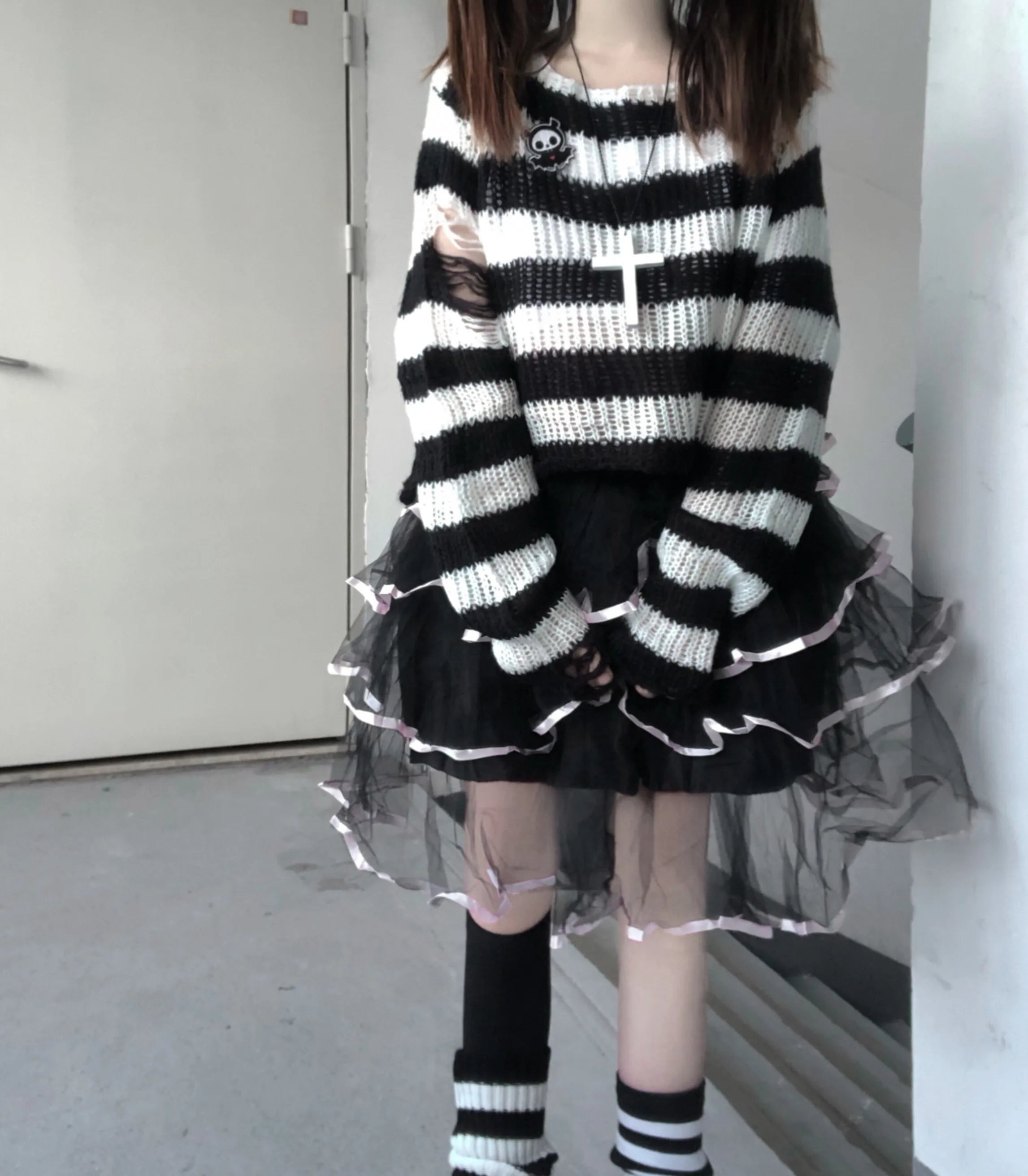 Karrram Pink Striped Gothic Sweaters Women Ripped Holes .