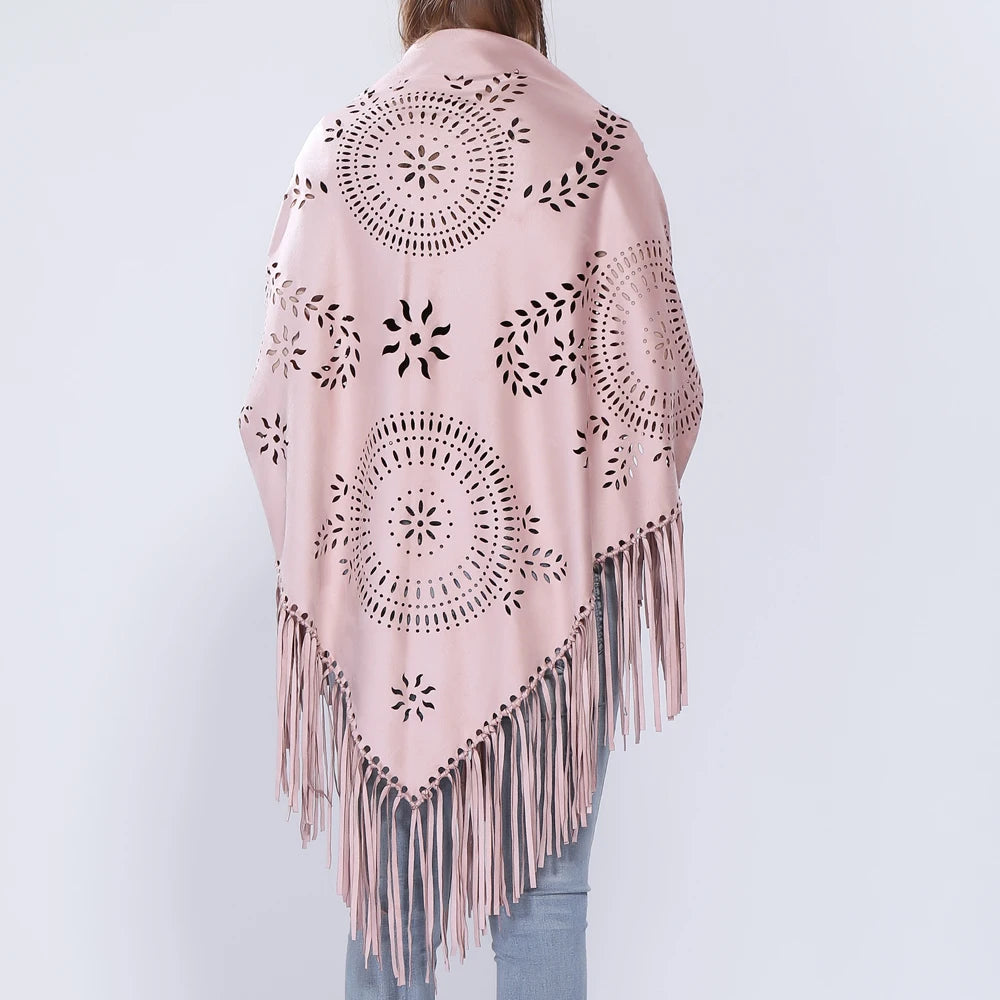 Women's Loose Suede Fringe Open Poncho Cloak Shawl .
