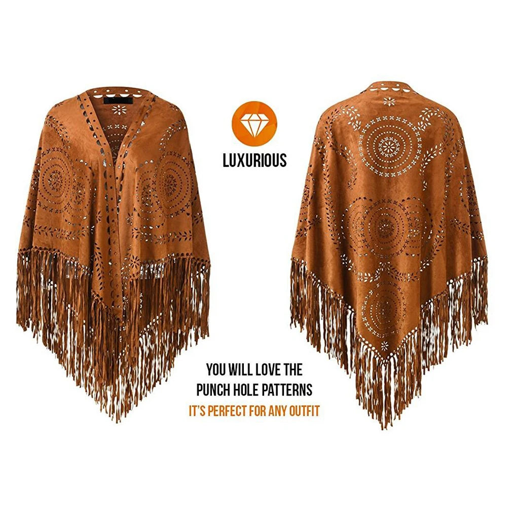Women's Loose Suede Fringe Open Poncho Cloak Shawl .