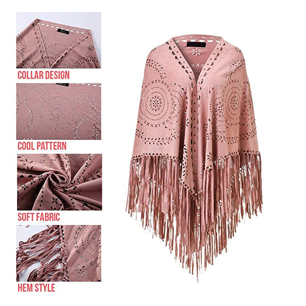 Women's Loose Suede Fringe Open Poncho Cloak Shawl .