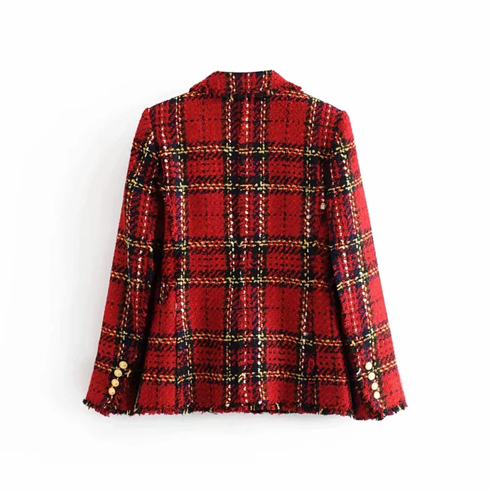 Tweed women red plaid blazers winter fashion women.