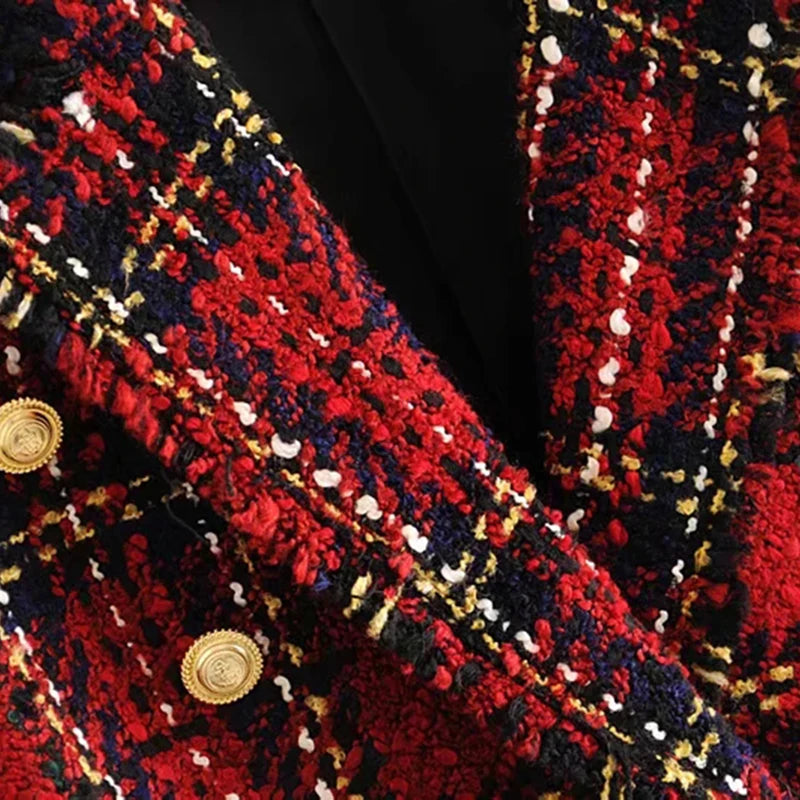 Tweed women red plaid blazers winter fashion women.