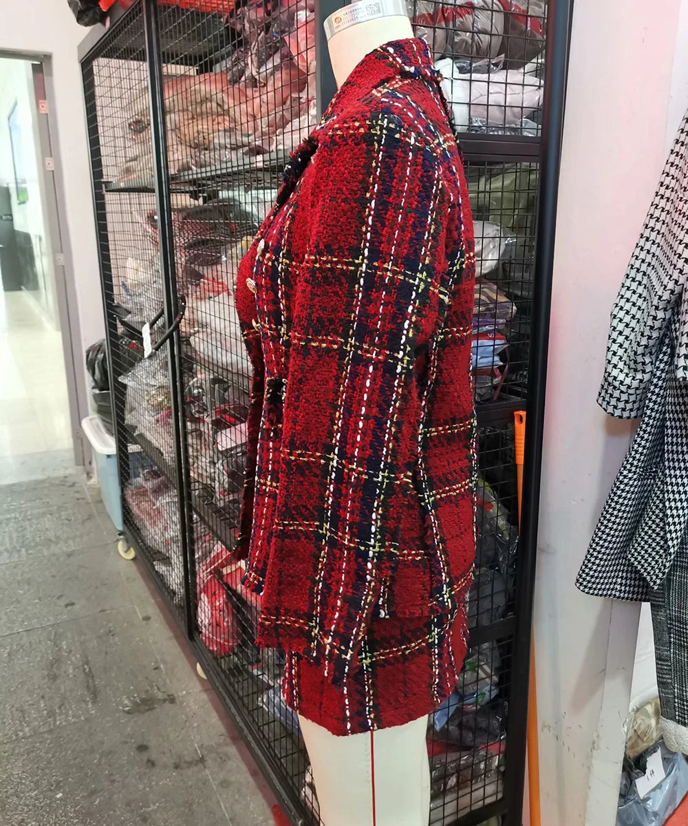 Tweed women red plaid blazers winter fashion women.