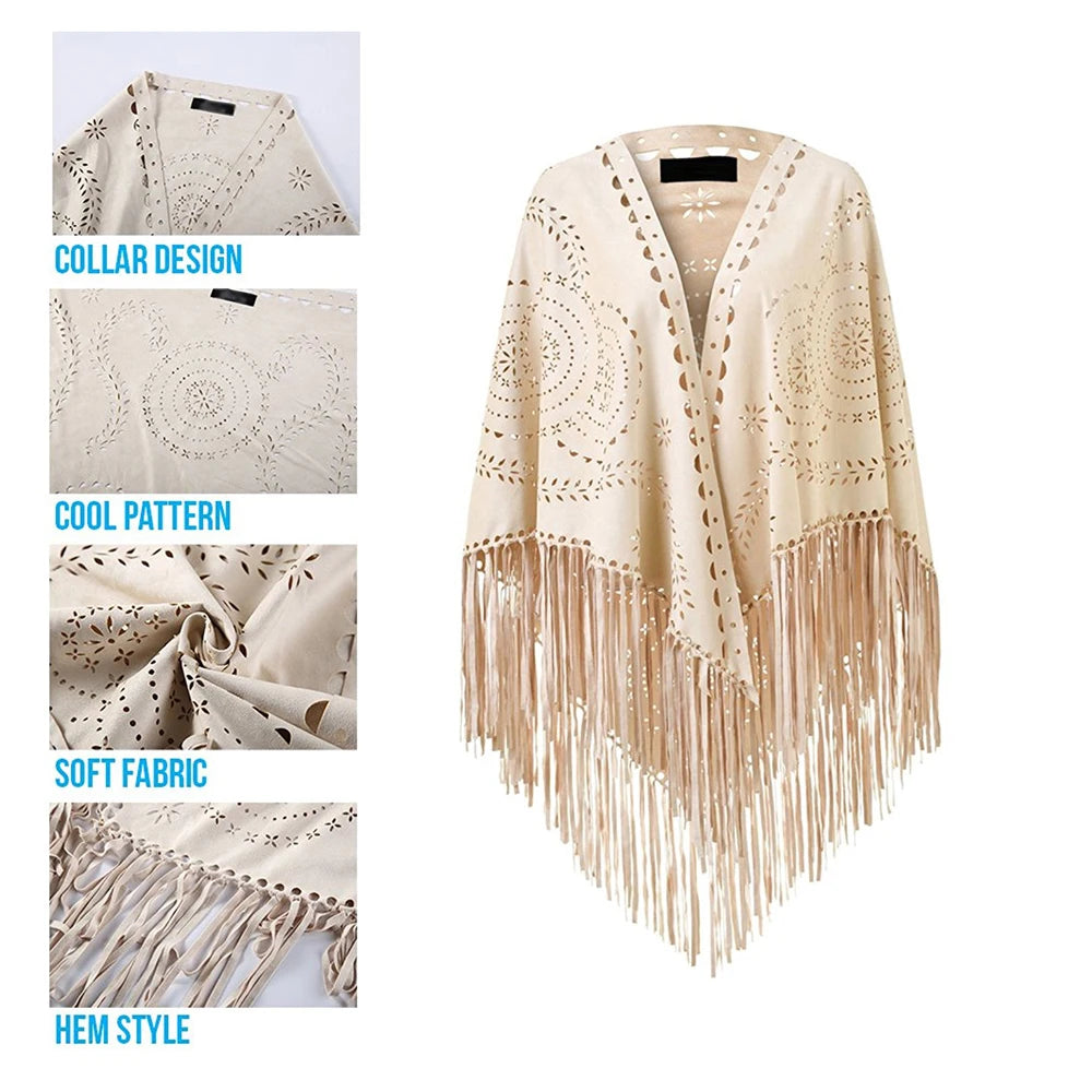 Women's Loose Suede Fringe Open Poncho Cloak Shawl .