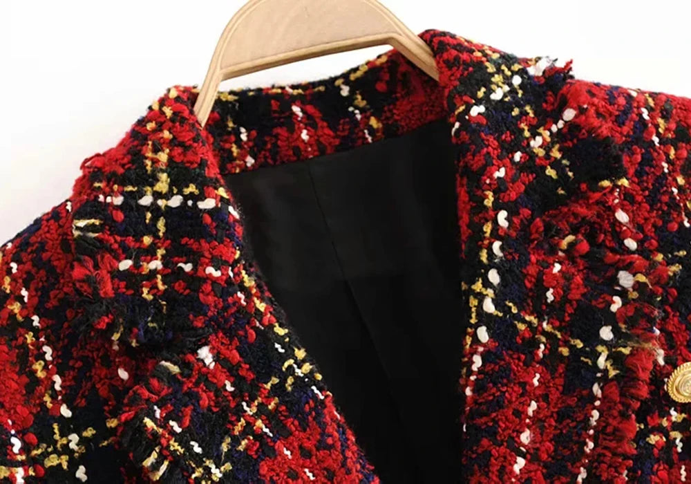 Tweed women red plaid blazers winter fashion women.