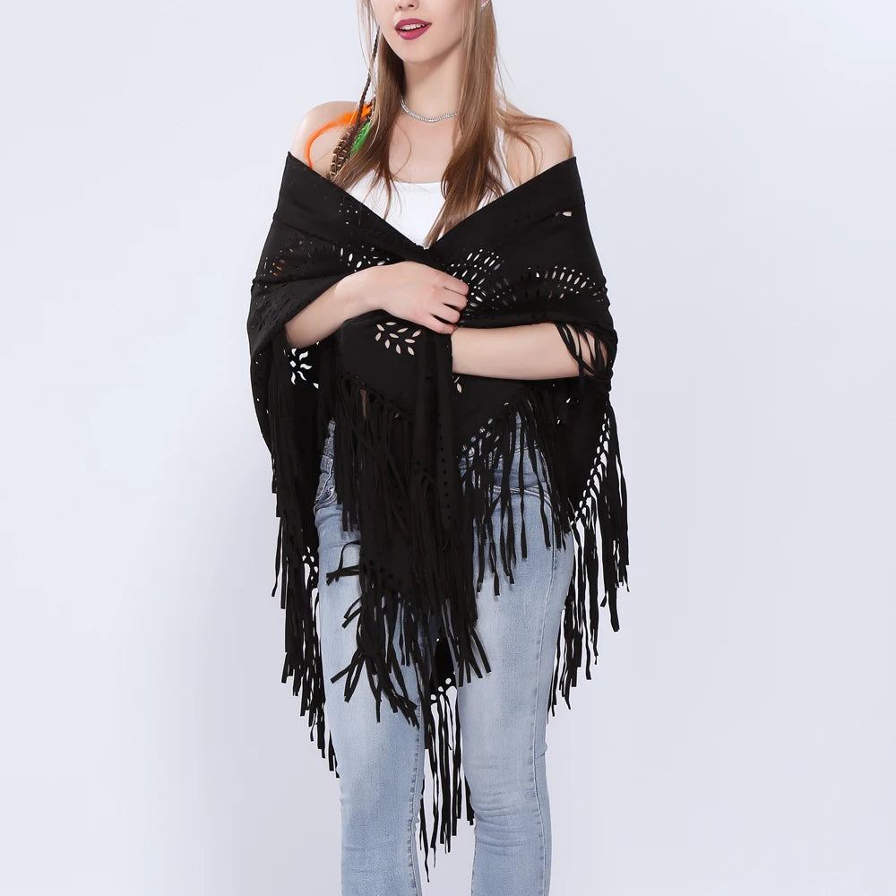 Women's Loose Suede Fringe Open Poncho Cloak Shawl .