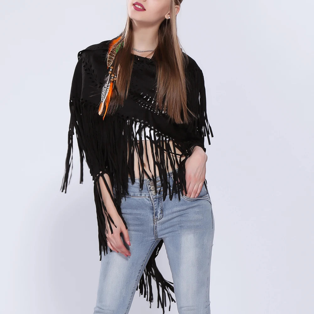 Women's Loose Suede Fringe Open Poncho Cloak Shawl .