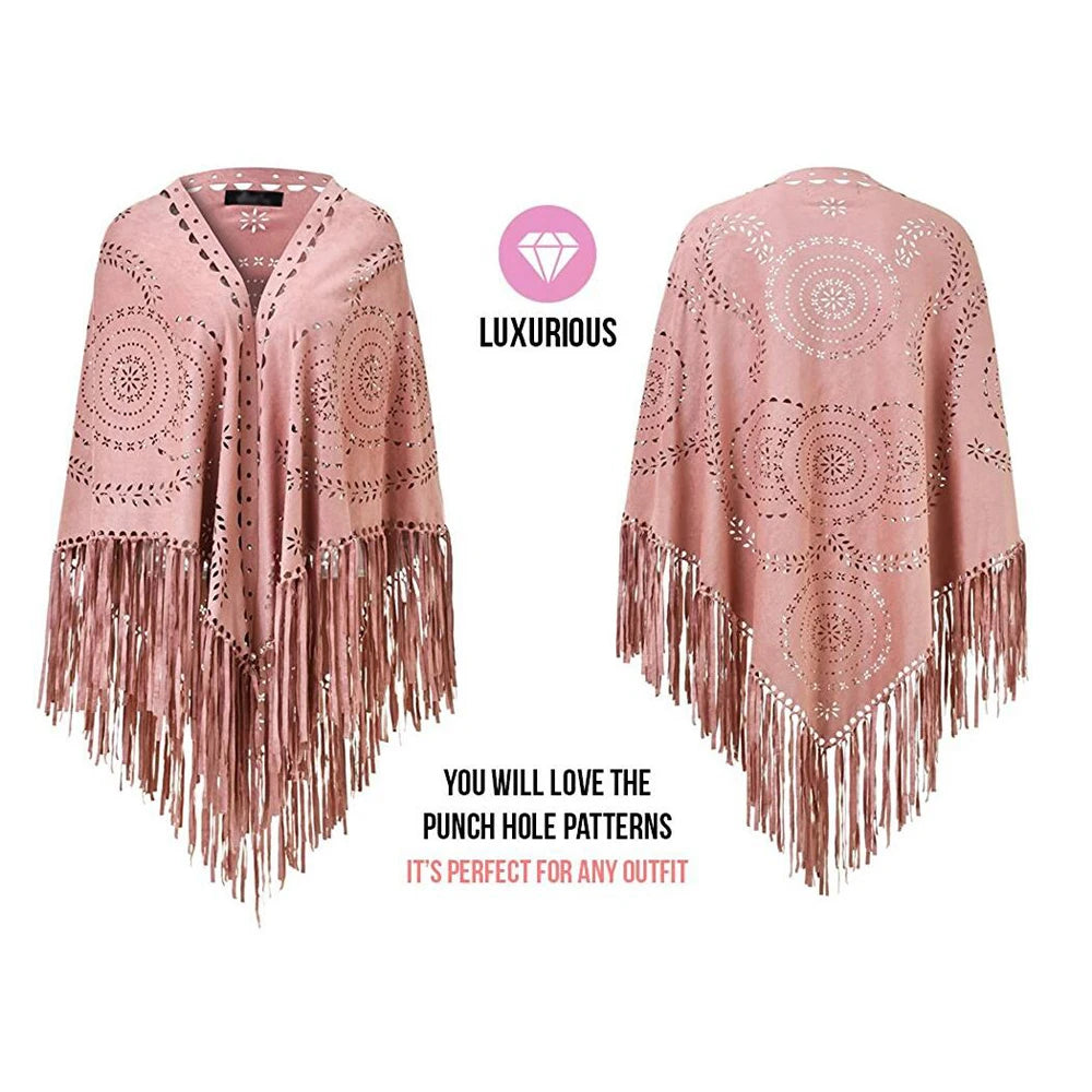 Women's Loose Suede Fringe Open Poncho Cloak Shawl .
