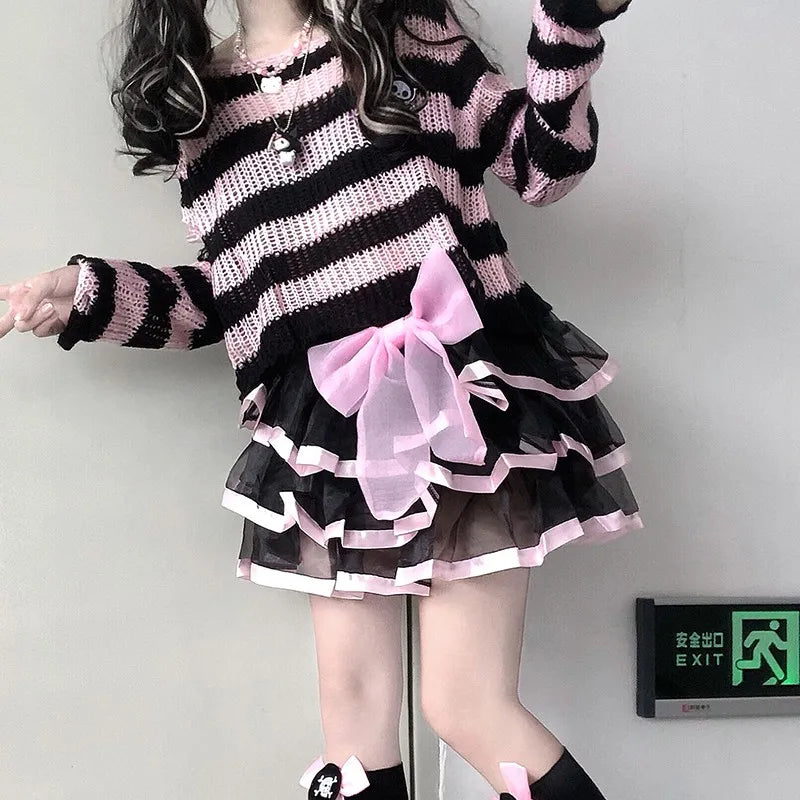 Karrram Pink Striped Gothic Sweaters Women Ripped Holes .