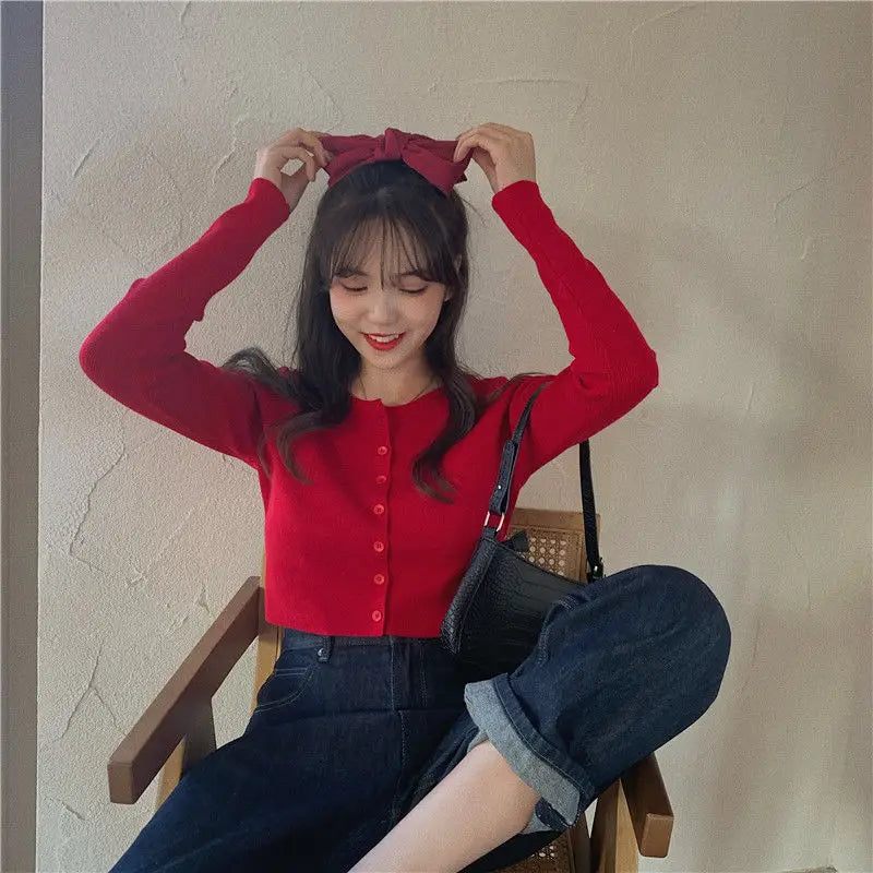 Woman Sweaters Cardigan Red V-neck Knitted Cardigan Women's .