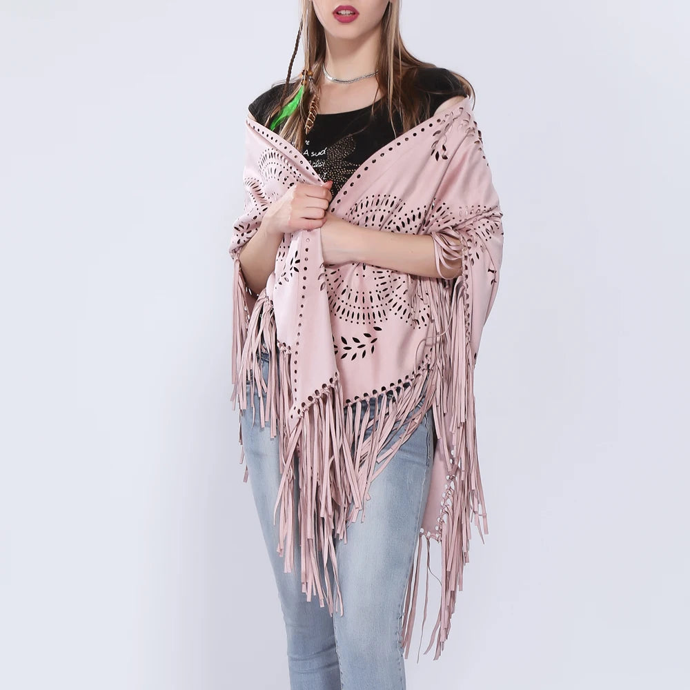 Women's Loose Suede Fringe Open Poncho Cloak Shawl .