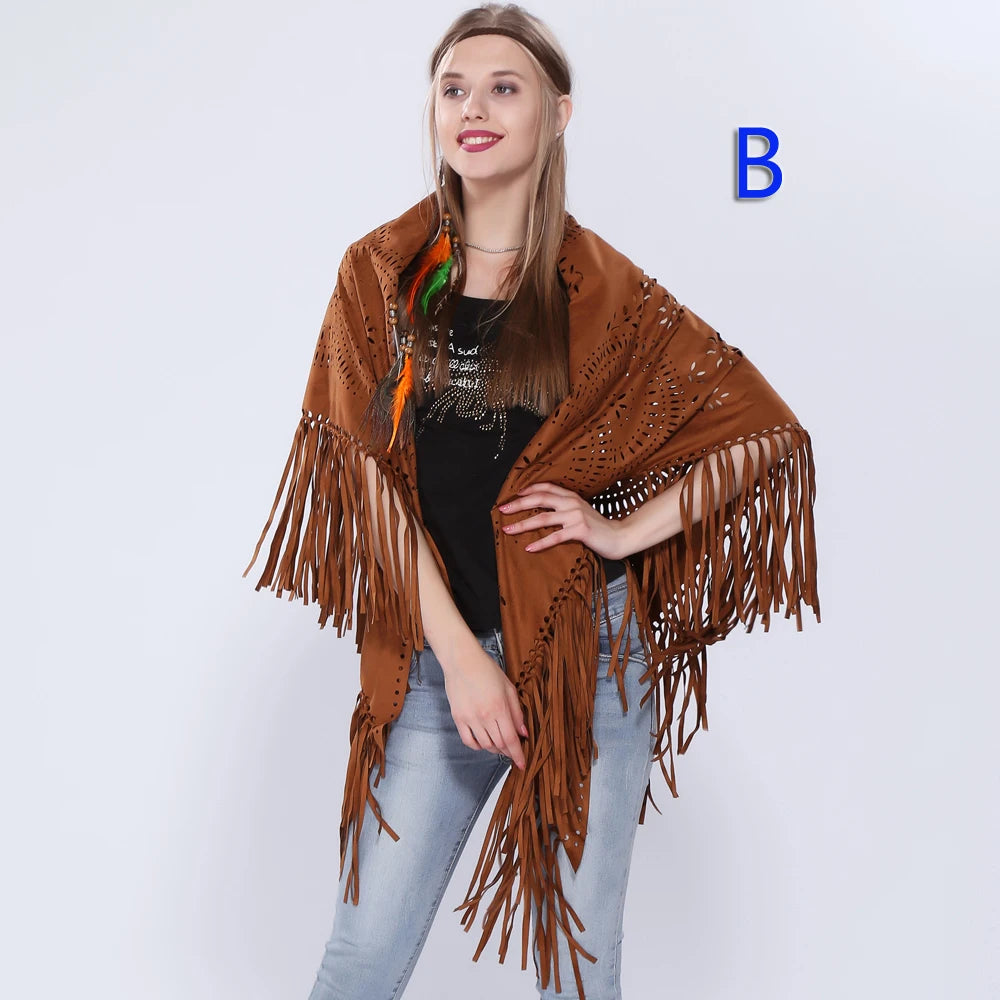 Women's Loose Suede Fringe Open Poncho Cloak Shawl .