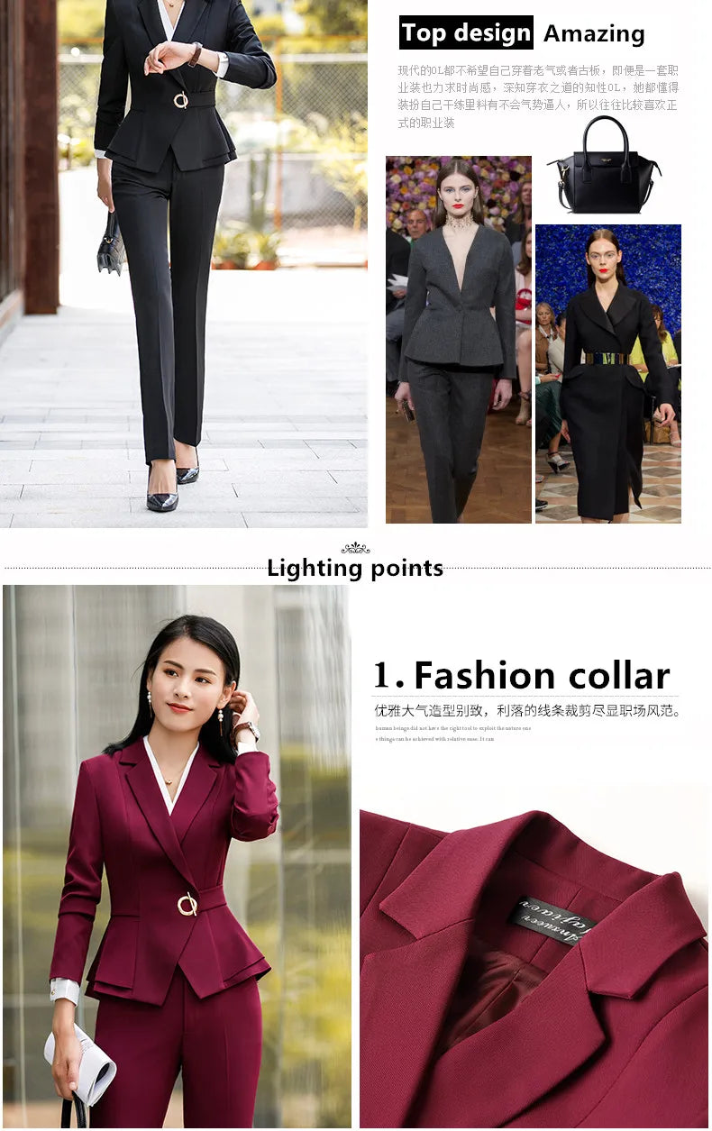 Winter Suit For Women Pant Sets Formal Long Sleeve Slim Blazer .